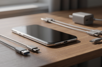 iPhone with USB-C cables and charger on desk