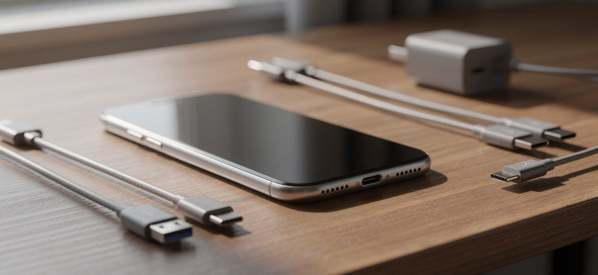 iPhone with USB-C cables and charger on desk