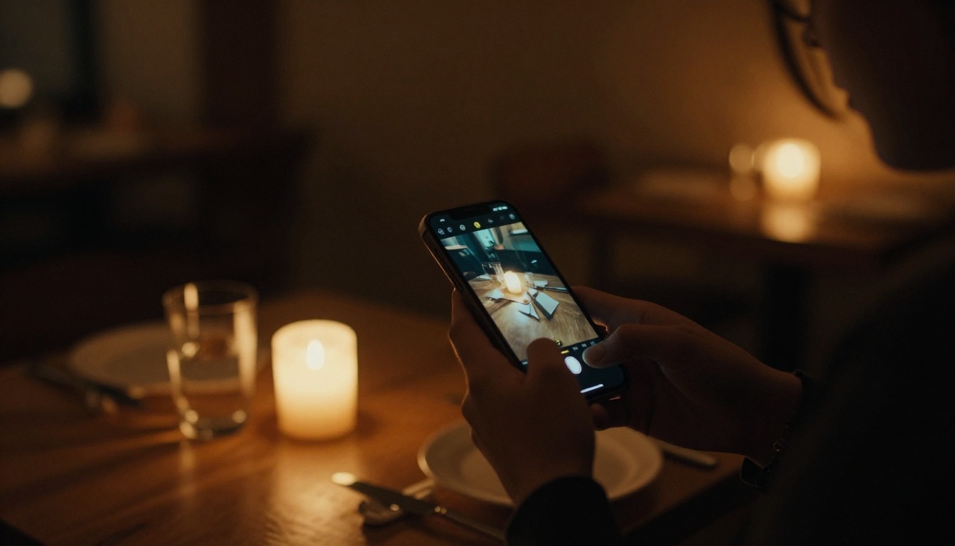 Smartphone capturing a low-light restaurant scene