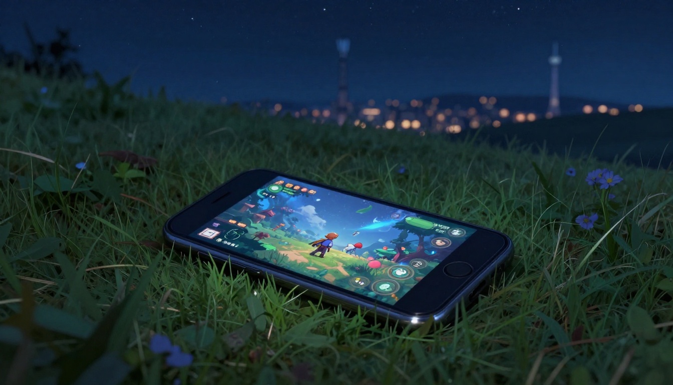 Phone streaming game outdoors under starry sky