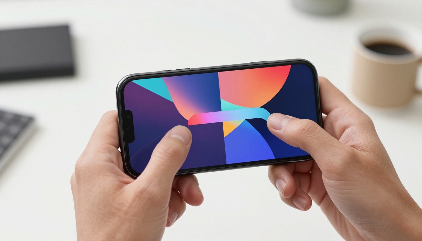 Hands holding smartphone with split screen showing abstract content