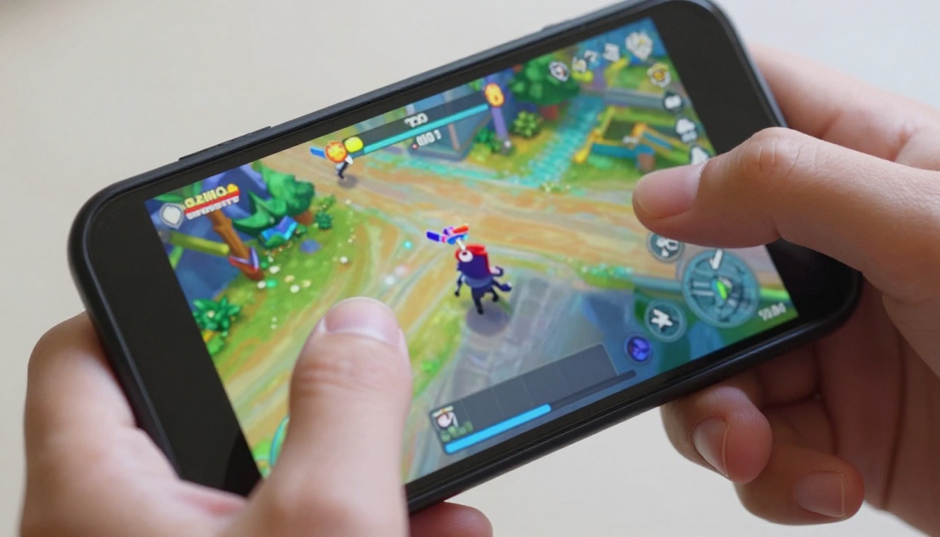Hands playing native game on smartphone screen
