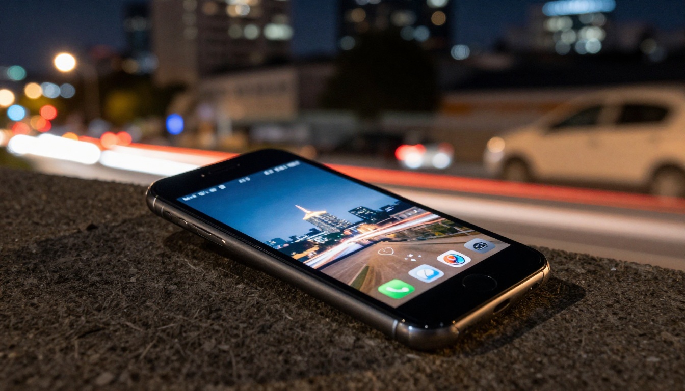 Phone on tripod taking night mode photo of city