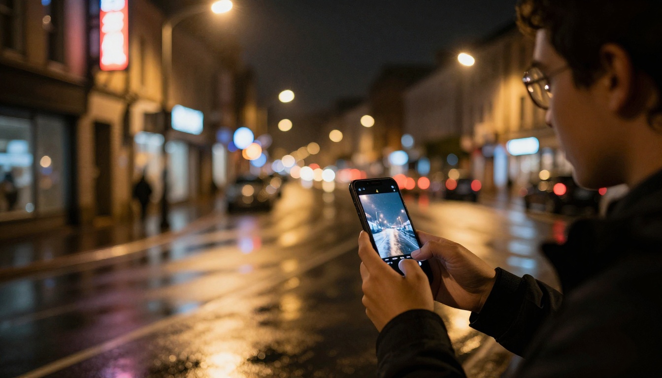 Person photographing a neon-lit street at night
