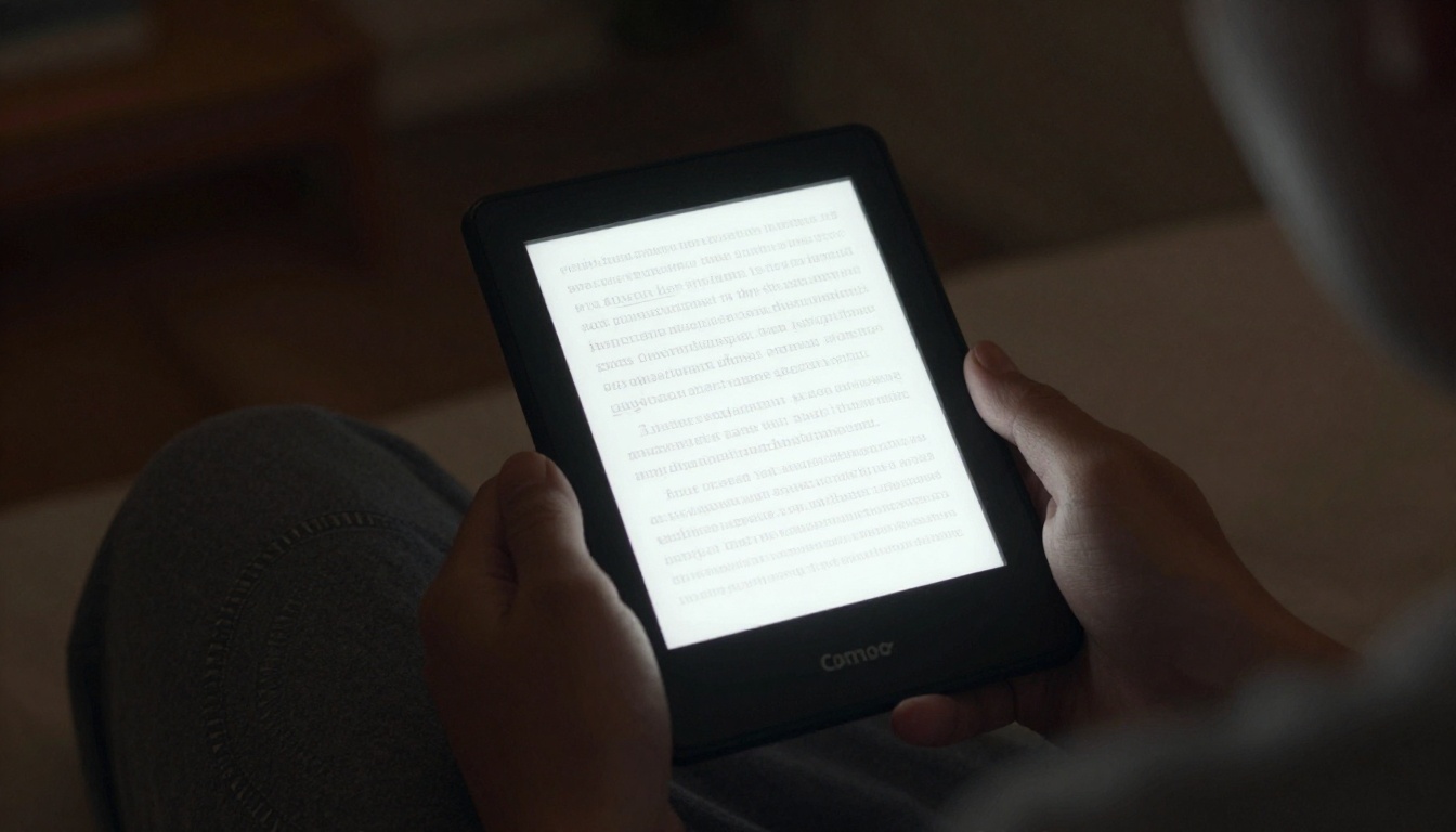 Person reading on eReader in bed with warm light