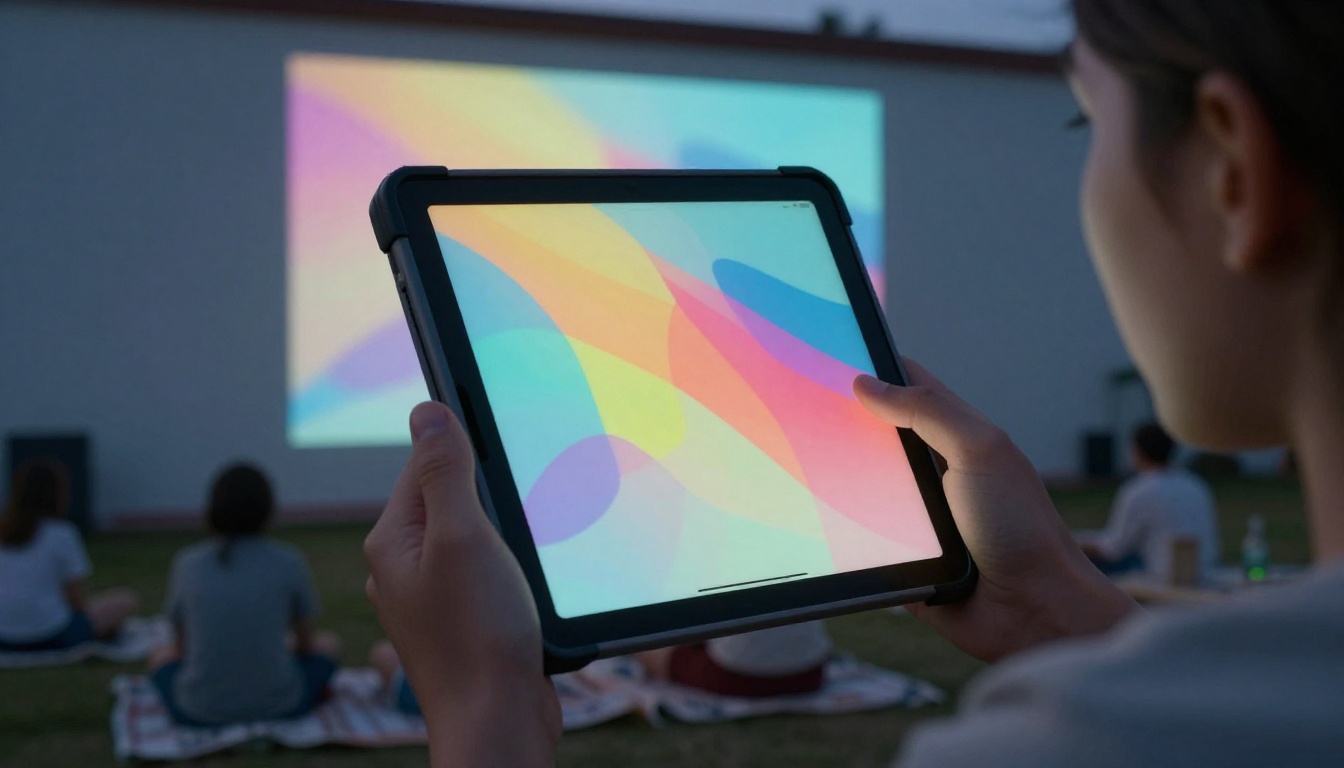 Outdoor movie night with projector tablet