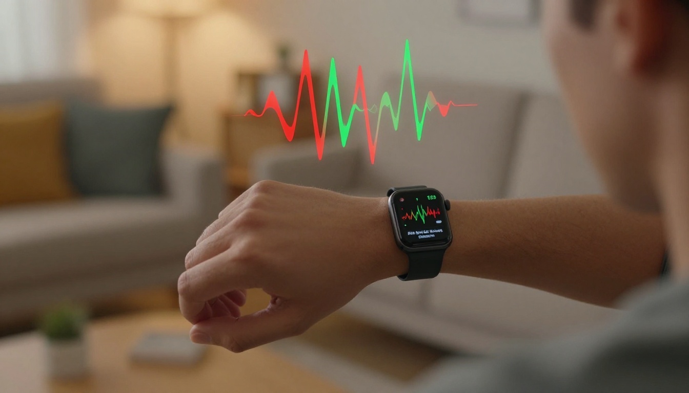 Person checking smartwatch health alert at home