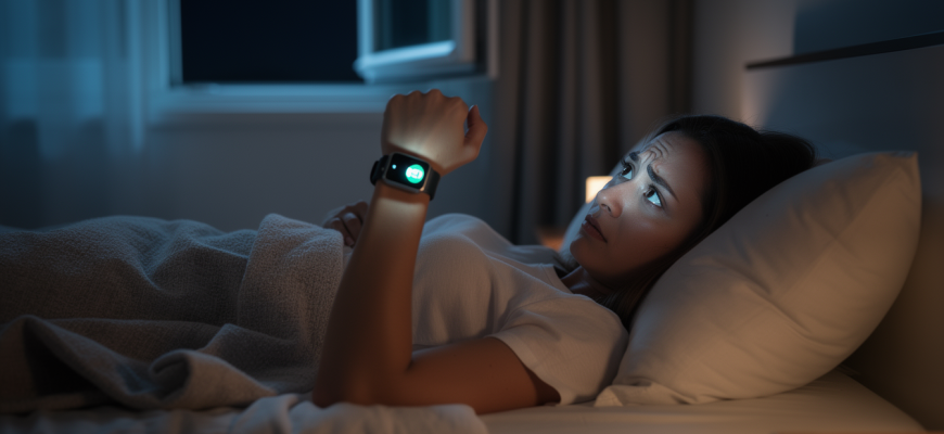 Person checking smartwatch sleep data in bed