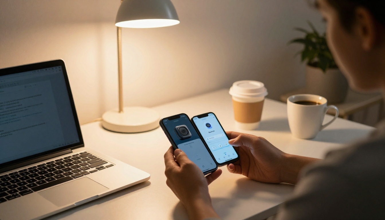 Person choosing a Bluetooth tracker at a desk