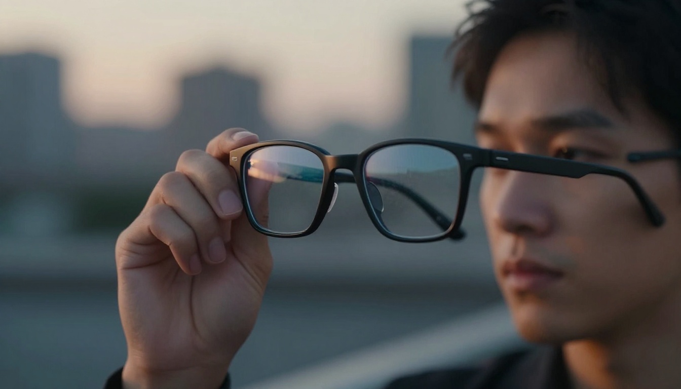 Person considering smart glasses at dusk