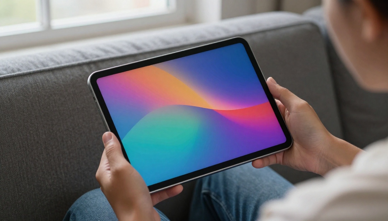 Person holding a small tablet on a couch