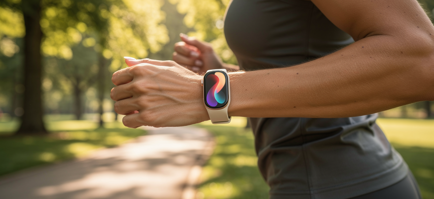 Person jogging with fitness tracker in park
