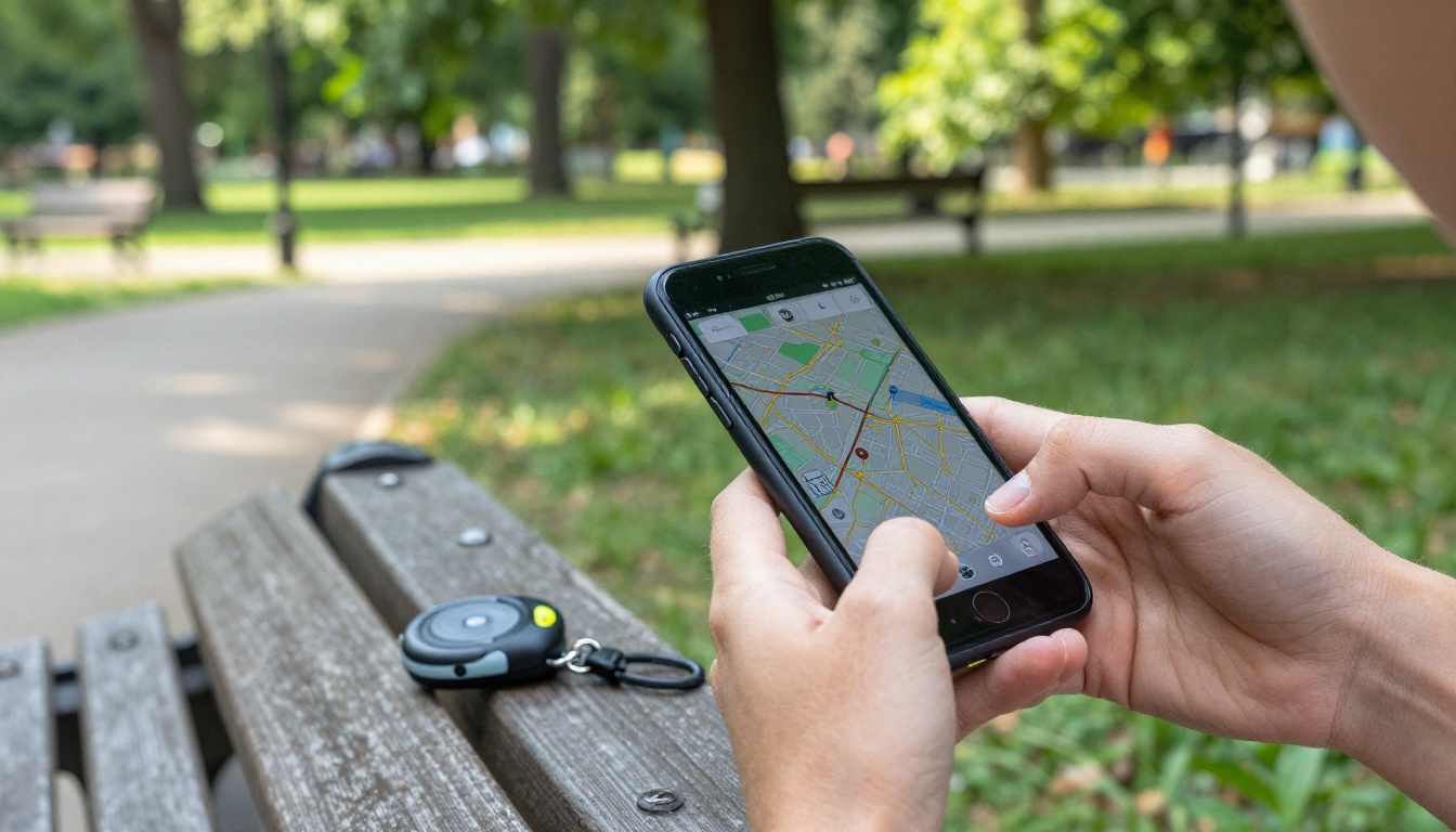 Person using phone to locate a tracker in a park
