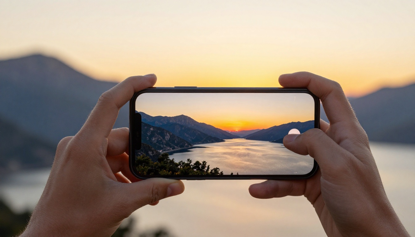 Person photographing sunset landscape with smartphone