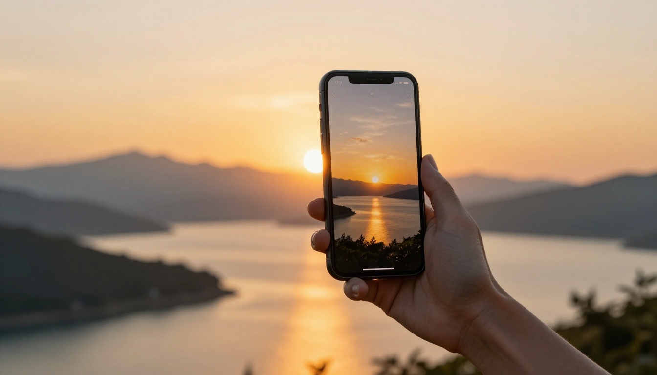 Person photographing sunset with smartphone
