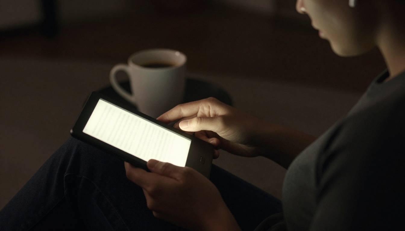 Person reading e-reader with warm light and earbuds
