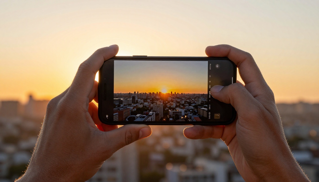 Person taking a photo of a city skyline with a smartphone