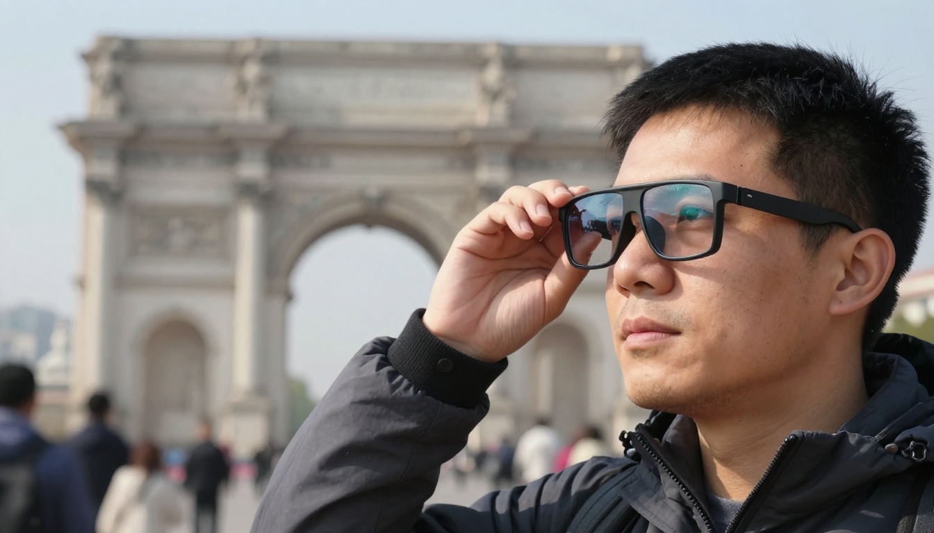 Person using AI glasses to identify a landmark