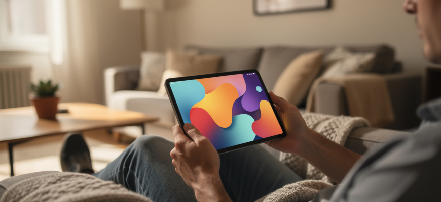 Person using a tablet in a cozy room