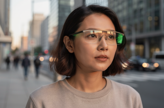 Person wearing AI glasses with heads-up display in city