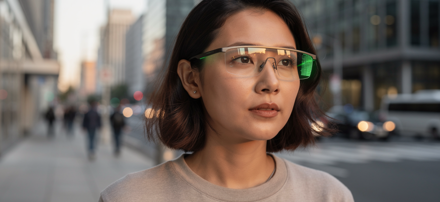 Person wearing AI glasses with heads-up display in city