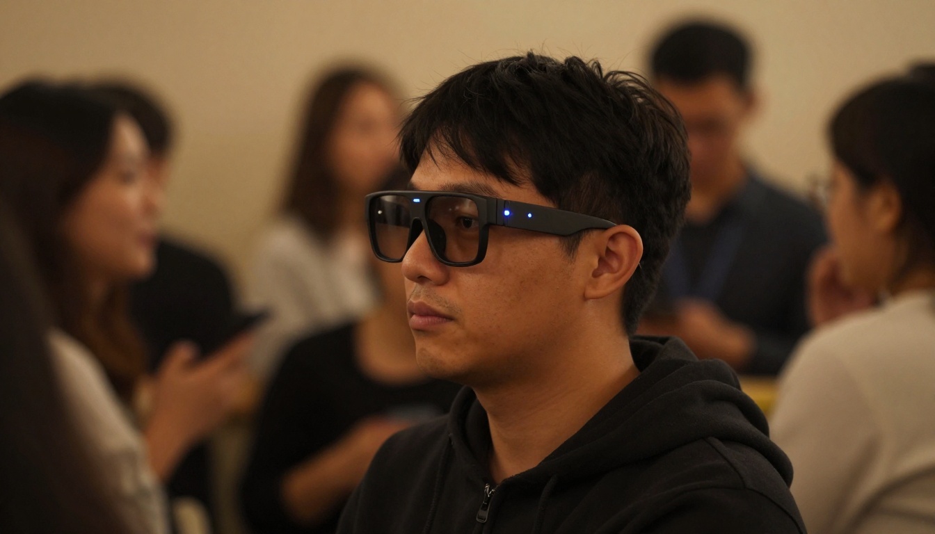 Person wearing AI glasses in social setting