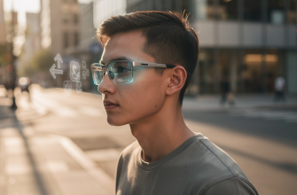 Person wearing AI smart glasses on a city street