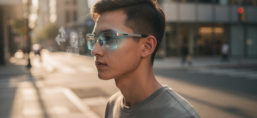 Person wearing AI smart glasses on a city street