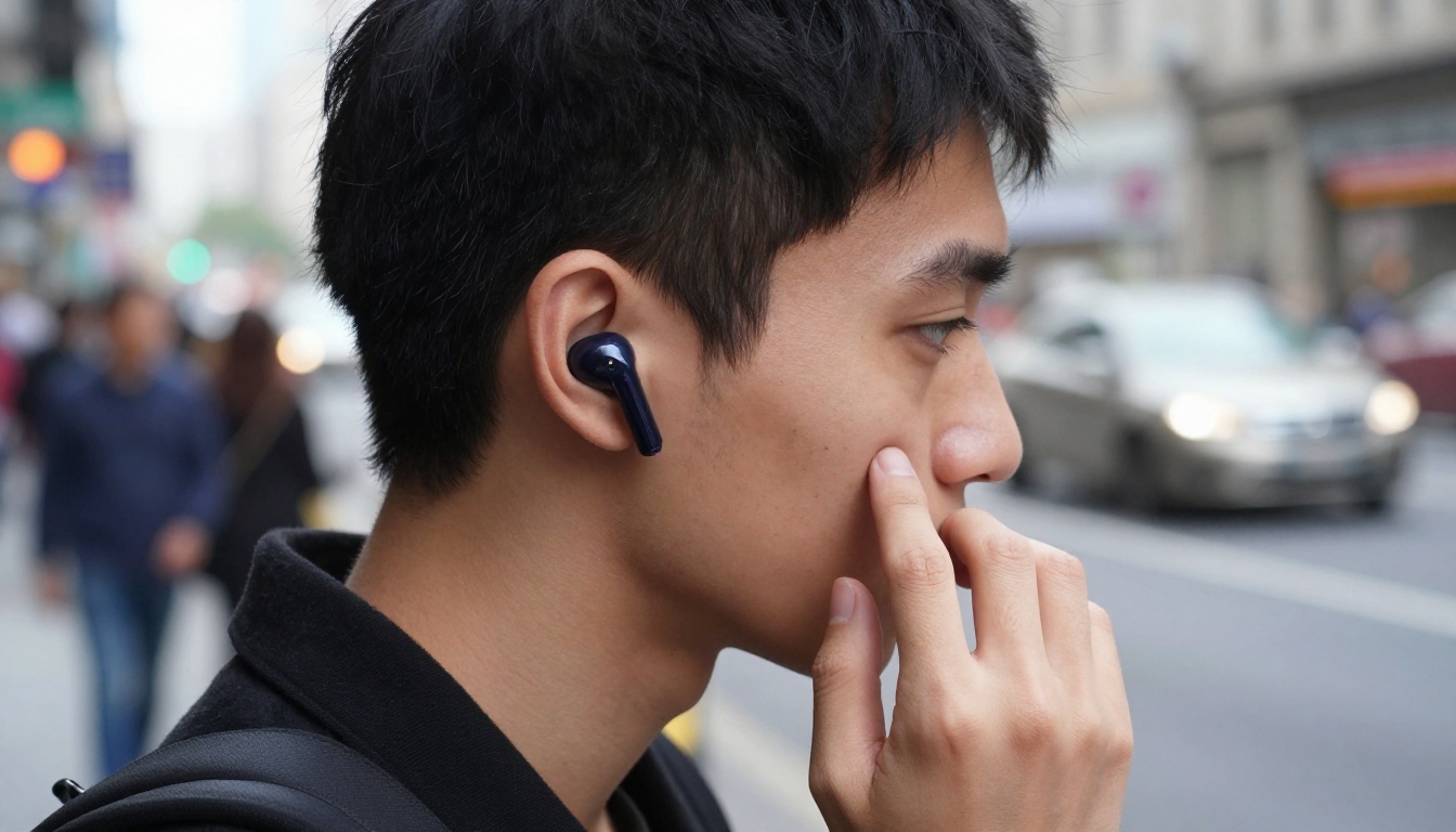 Person wearing earbuds in a city