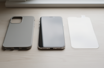Phone case and screen protector on wooden surface