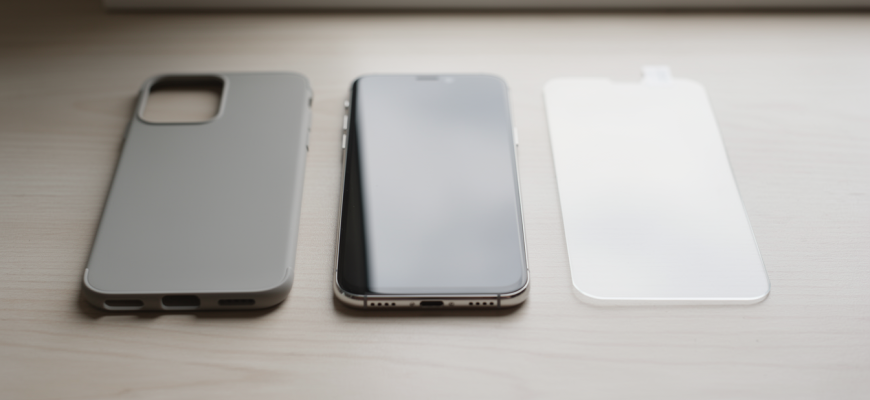 Phone case and screen protector on wooden surface