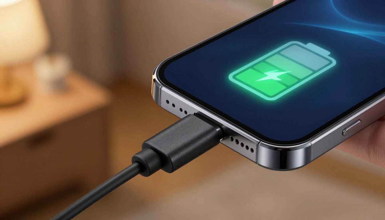 Phone charging with battery icon on screen