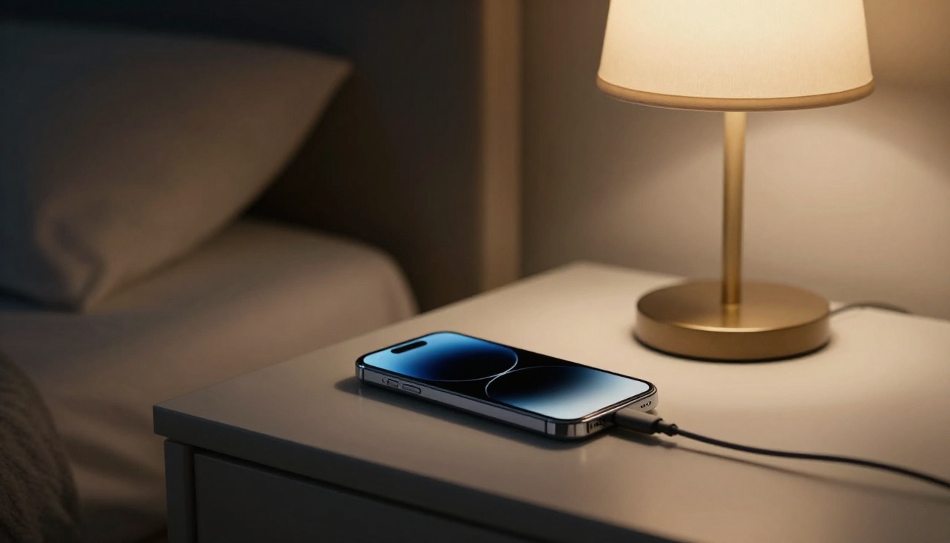 Phone charging overnight on bedside table