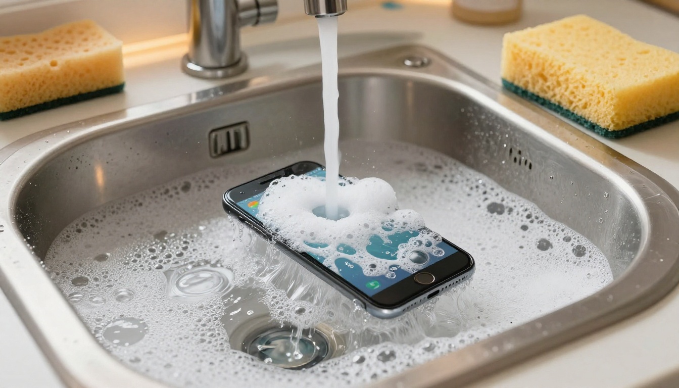 Phone falling into soapy sink water