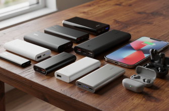 Various power banks on a table with a phone and earbuds