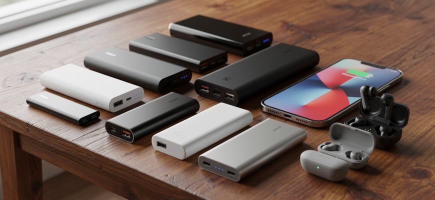 Various power banks on a table with a phone and earbuds
