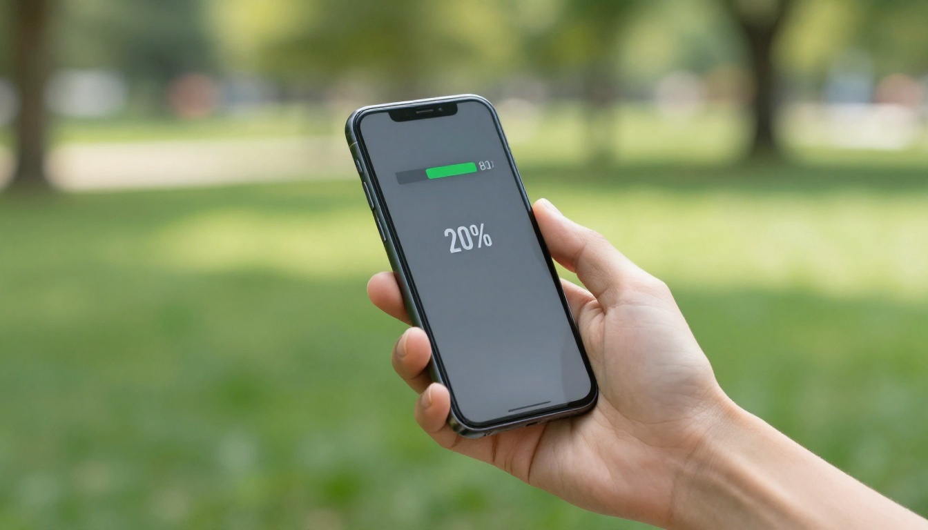 Hand holding phone with partial battery charge