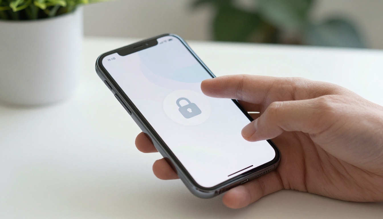 Smartphone with lock icon and abstract shapes, hand nearby