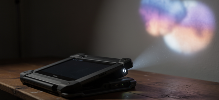 Rugged tablet projecting light in dark room