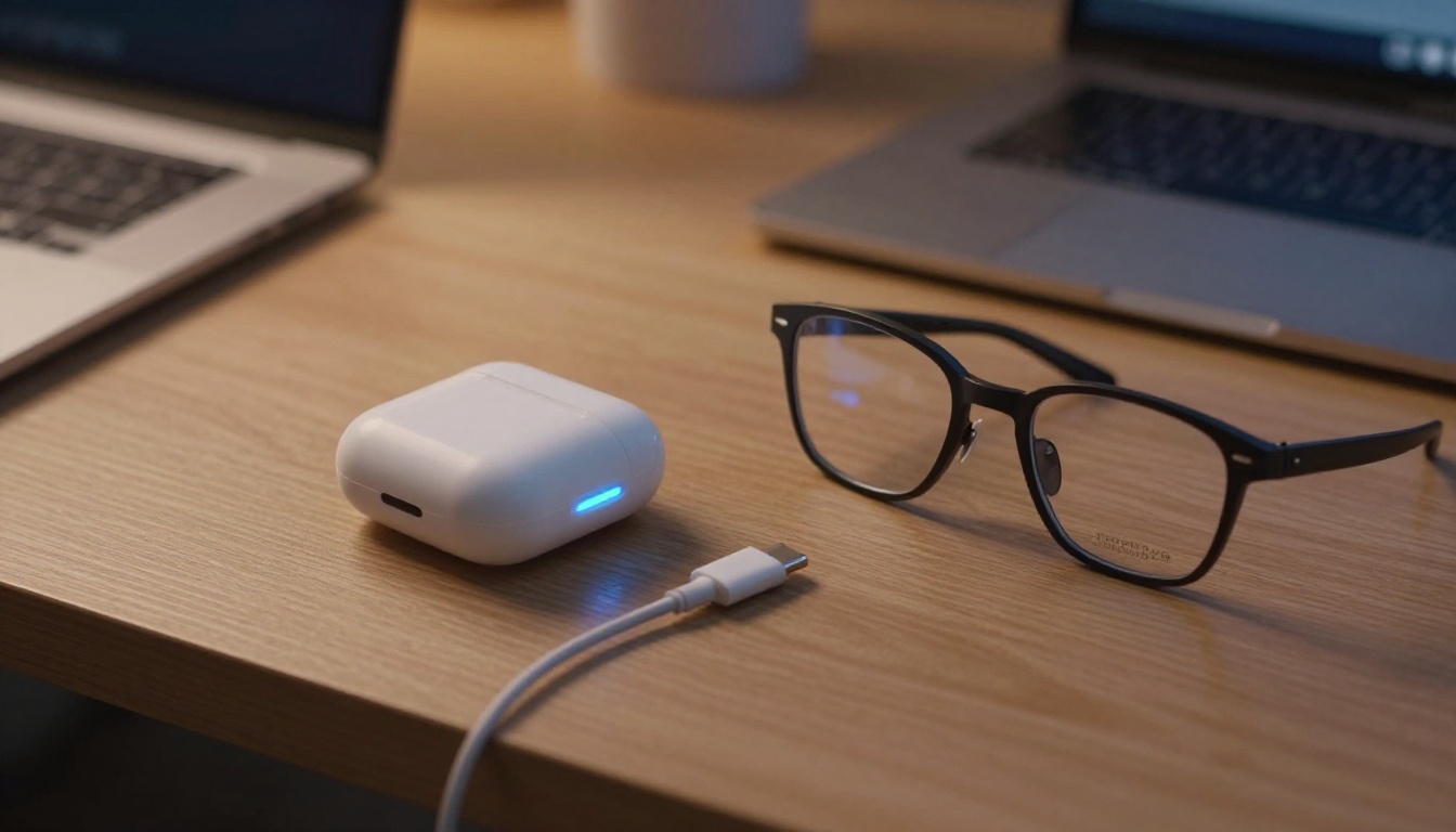 Smart glasses charging on a desk