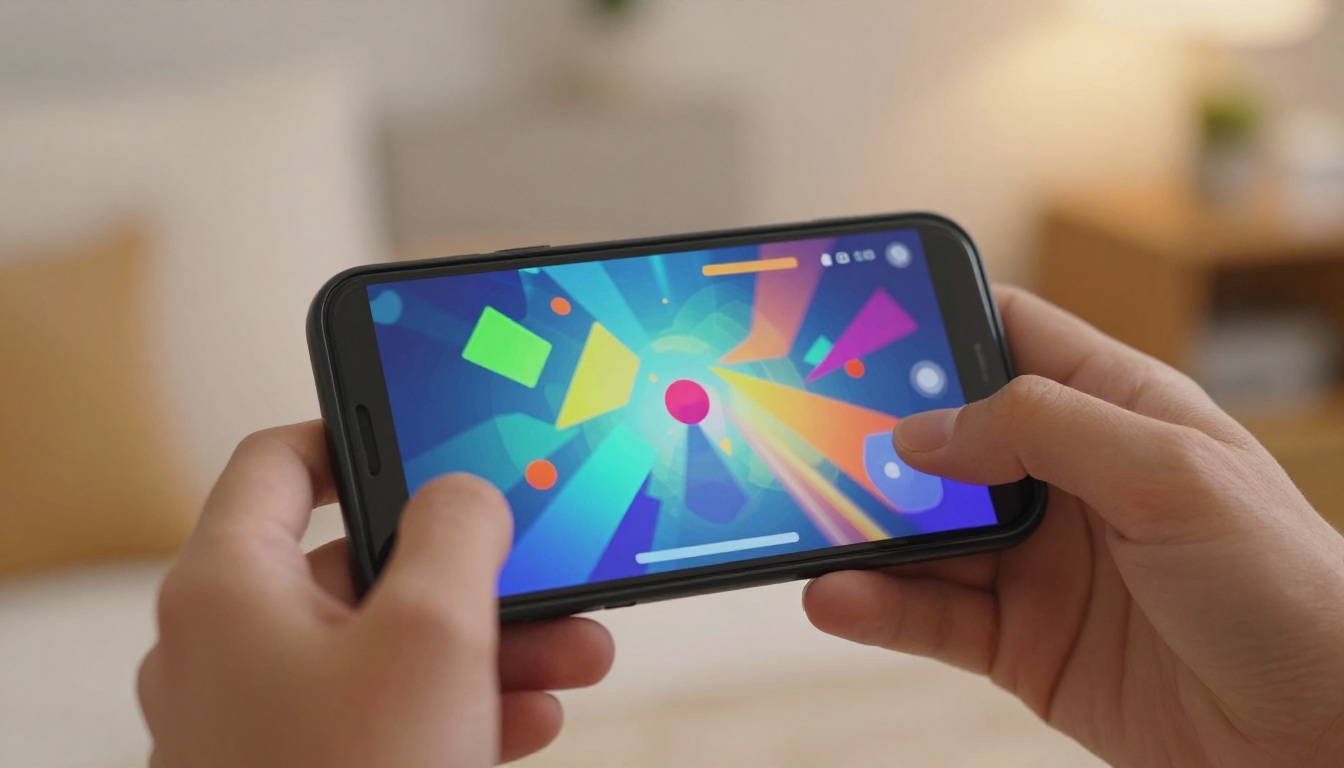 Smartphone running a game with abstract graphics