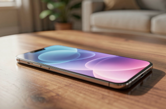 Smartphone with glowing abstract screen on wooden table