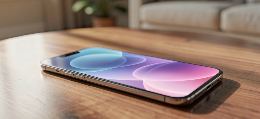 Smartphone with glowing abstract screen on wooden table