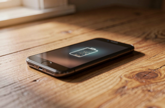 Smartphone with battery icon on wooden table
