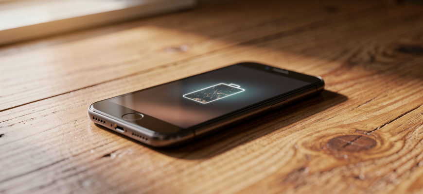 Smartphone with battery icon on wooden table