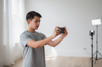 Content creator using smartphone camera with lighting setup