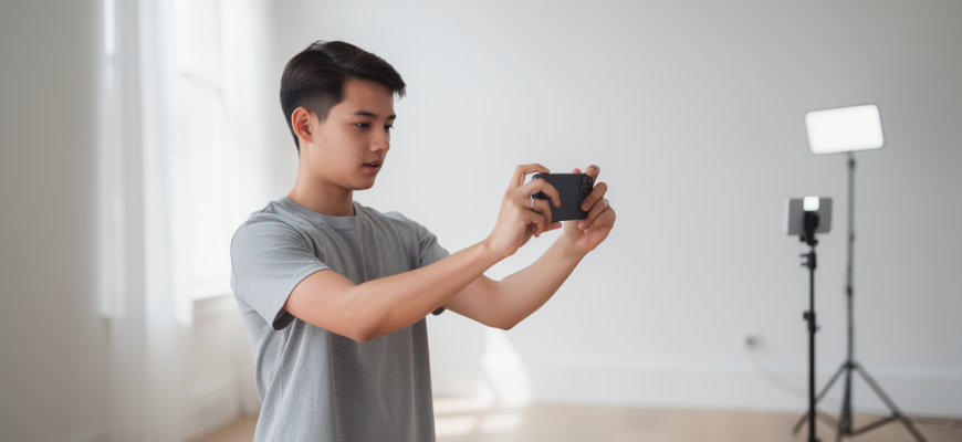 Content creator using smartphone camera with lighting setup