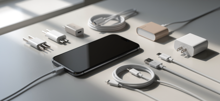 Smartphone charging with various cables and adapters on a desk