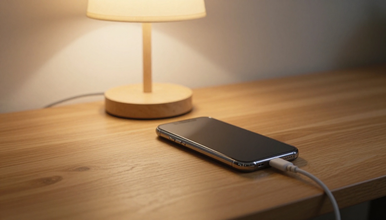 Smartphone charging on a desk