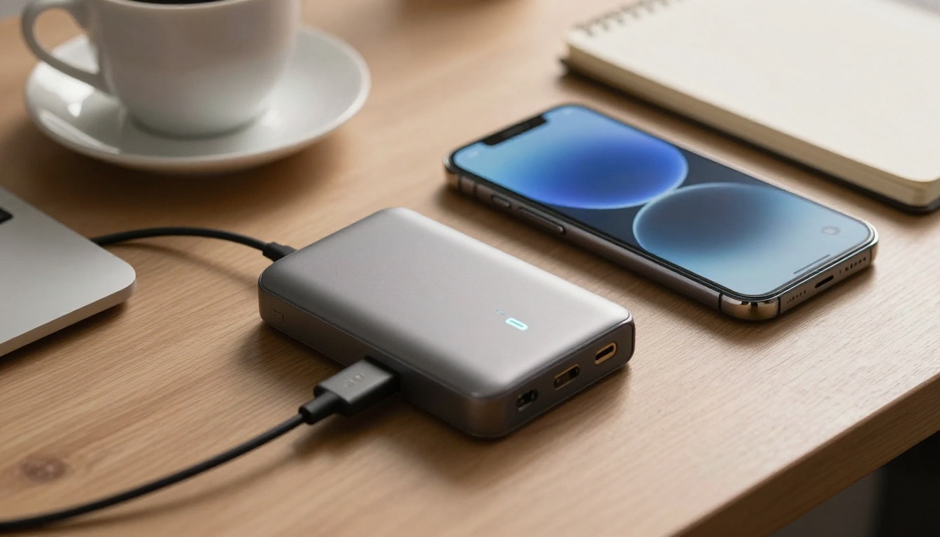 Smartphone charging from a power bank on a desk
